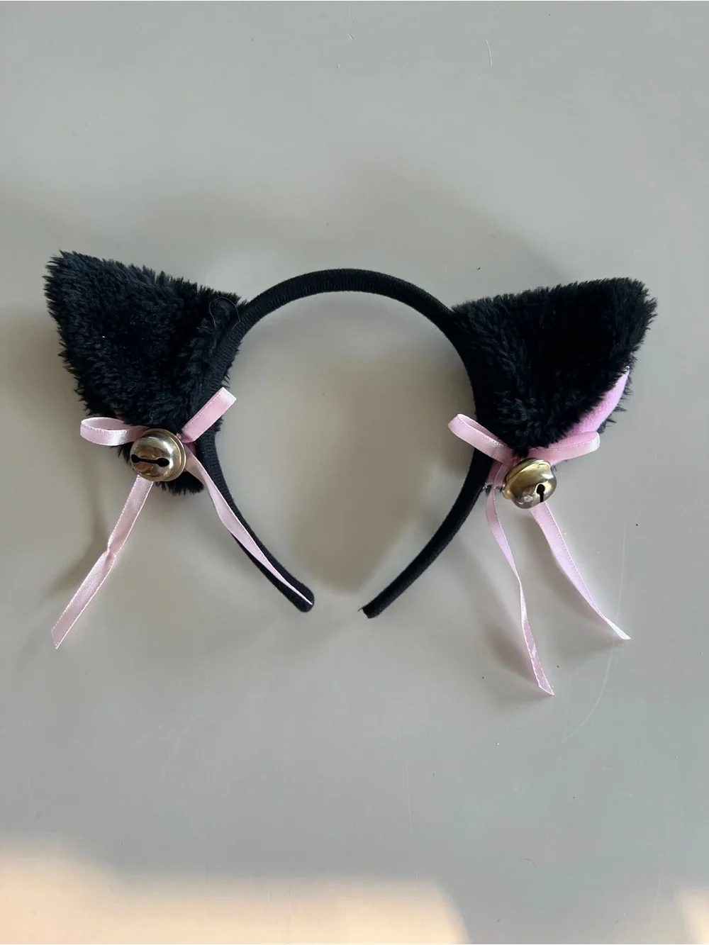 Black Faux Fur Cat Ear Headband with Pink Ribbon and Bells